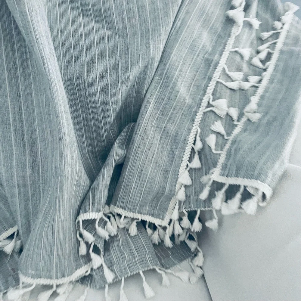 Boho Fringe tassel woven Gray and white stripes Tablecloth or throw blanket
